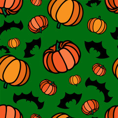 Autumn Pumpkin pattern with  Halloween flyinf bats. Thanksgiving vegetable seamles print. Autumn-themed repeat print.