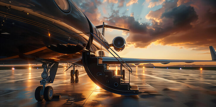 Private Jet Ready for Takeoff at Sunset.