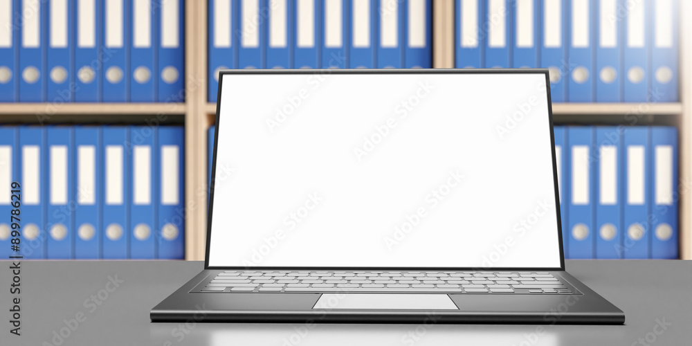 Poster laptop on table in archive. computer template. laptop for digital document management. archive digit