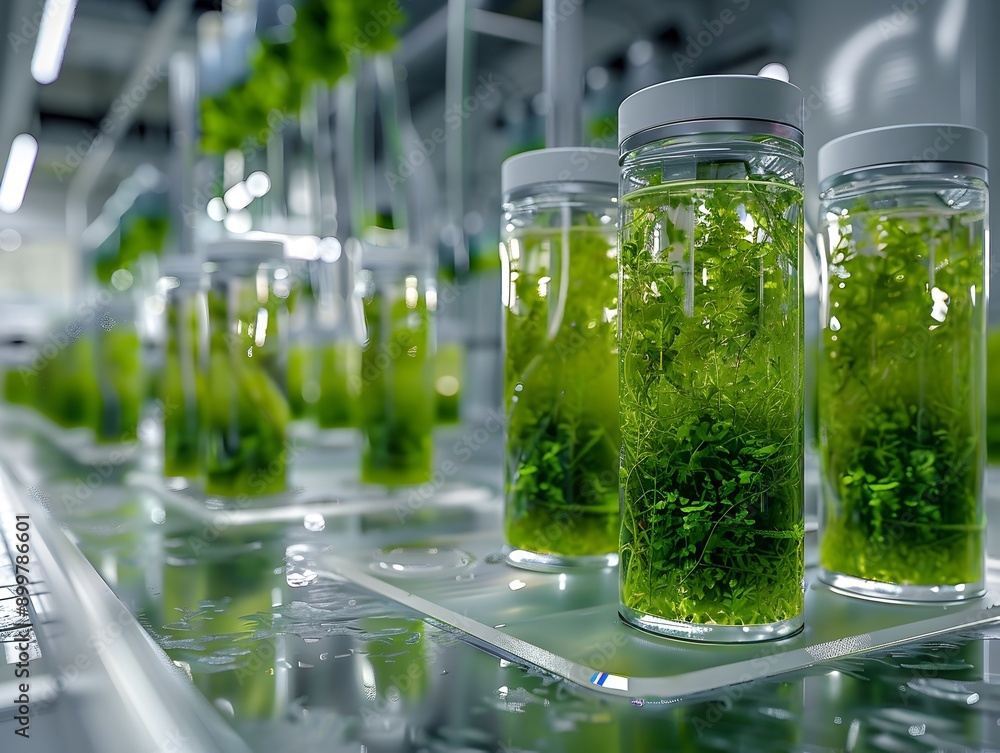 Poster bioengineered algae based carbon capture systems in a futuristic high tech laboratory