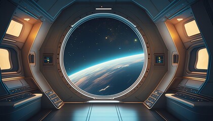 A spaceship s interior with a large window revealing a view of Earth from space