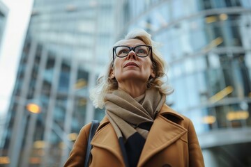 Fototapeta premium Commuting Businesswoman Seen from a Low Angle, generative ai