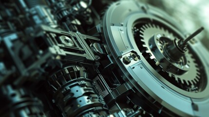 Detailed close-up of complex mechanical gears showcasing the intricacies of futuristic engineering. The metallic components are interlocking with precision, reflecting advanced industrial design and