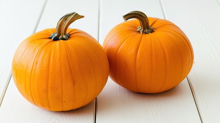 Obraz premium A collection of orange and white pumpkins is arranged with vibrant autumn leaves on a weathered wooden surface