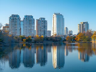 Obraz premium Serene Cityscape Reflecting on Calm River with Towering Skyscrapers and Picturesque Skyline