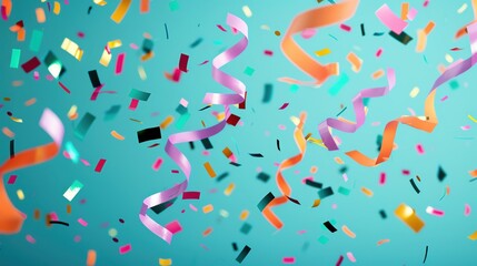 Colorful confetti and streamers in mid-air against a vibrant blue background, perfect for celebrations and festive moments.