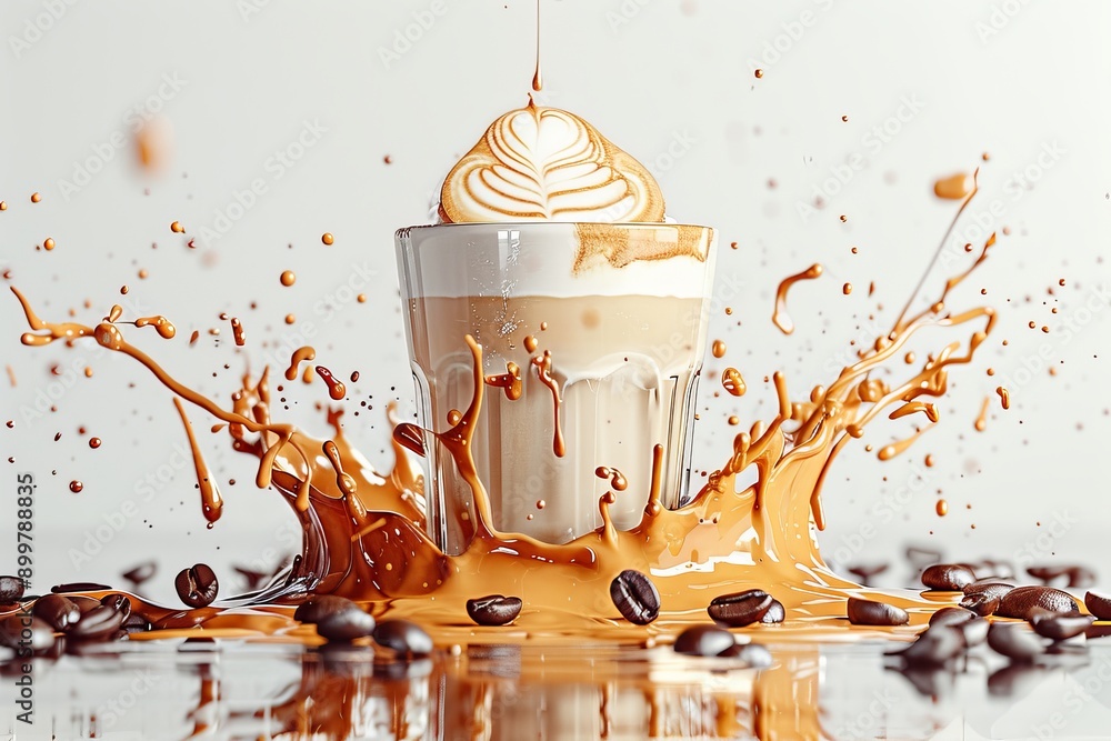 Poster splashed latte with whipped cream in white mug dynamic and vibrant captured in motion perfect for en