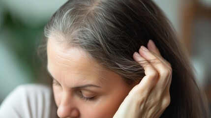 Fototapeta premium A close-up view of a mature woman touching her gray hair, highlighting natural aging and self-acceptance. The serene expression and soft lighting create a peaceful and reflective mood.