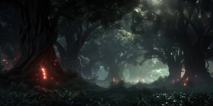 The Forbidden Forest of Walhall: A dense woodland shrouded in mist, where strange lights flicker in the distance