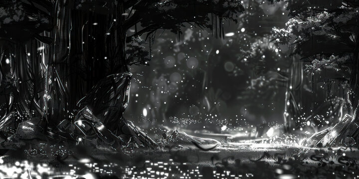 The Forbidden Forest of Walhall: A dense woodland shrouded in mist, where strange lights flicker in the distance