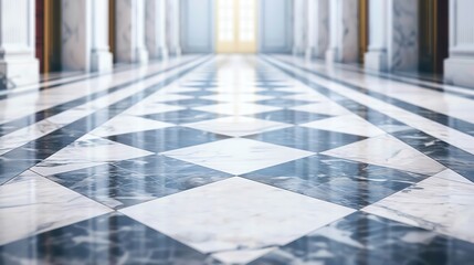 Elegant marble floor with a geometric pattern in a bright, airy hallway creating a luxurious architectural ambience.