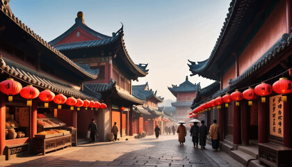 Fototapeta premium Asian Alleyway with Traditional Chinese Architecture and Red Lanterns