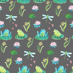 Watercolor illustration with cute frogs, pattern