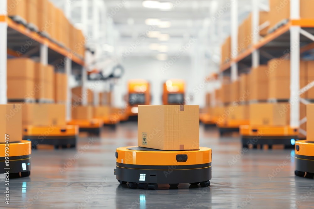 Poster modern warehouse with autonomous robots transporting packages efficiently among rows of storage shel