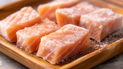 Frozen salmon belly pieces, neatly arranged on a wooden plate