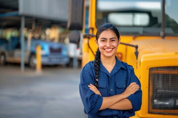 A confident female school bus driver standing next to her yellow bus.