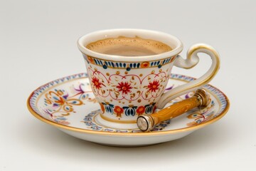 Elegant floral teacup with espresso set against white background captured in soft lighting perfect for vintage and refined settings