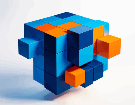 3D Cube Puzzle with Blue and Orange Blocks