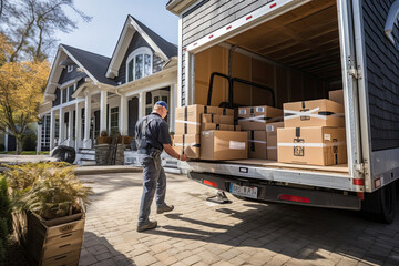Moving Crew Working Together Loading Truck in Suburbia