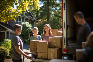 Family unpacking from moving truck in sunny suburban neighborhood