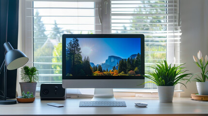 Clean desk with a computer monitor displaying virtual meeting software