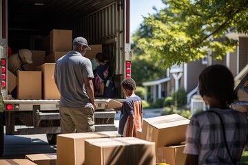 Family unpacking from moving truck in sunny suburban neighborhood
