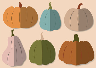 A set of coloured pumpkins. Paper cut out style. Perfect for thanksgiving, harvest, autumn season. Flat style