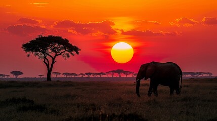 Majestic Elephant Silhouette Against a Fiery African Sunset