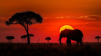 Fototapeta premium Majestic Elephant Silhouette Against a Fiery African Sunset