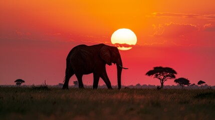 Fototapeta premium Majestic Elephant Silhouette Against a Fiery African Sunset