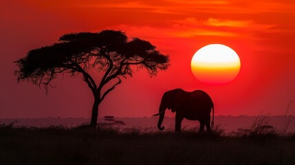 Fototapeta premium Majestic Elephant Silhouette Against a Fiery African Sunset