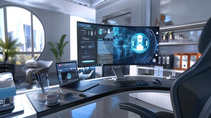 Fototapeta premium A futuristic cityscape at night with towering skyscrapers, neon lights, flying cars, and holographic advertisements.