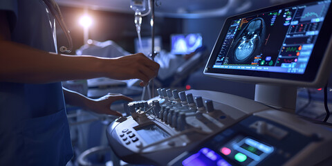doctor working on a computer, Vaginal ultrasound of a 7-8 week pregnant woman showing fetal heartbeat. Early pregnancy gynecological examination, GENERATIVE AI
