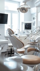A bright and modern dental office featuring state-of-the-art equipment and an ergonomic dental chair. The clean and professional setting includes advanced diagnostic monitors and tools, ensuring a