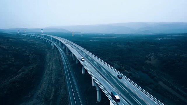 Aerial view of a vast, multi-lane highway stretching into the horizon, surrounded by greenery and a few scattered buildings