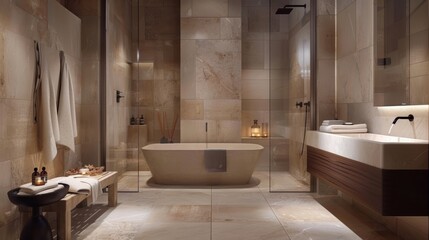 Clean, neutral colored, yet masculine bathroom, interior, apartment, design, house, luxury, modern, light, home, white, sink, room, floor, wall, bath.