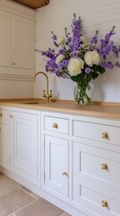 A modern kitchen setup features a white sink cabinet with wooden countertops, styled with simple decor and plants, creating a clean and inviting cooking space