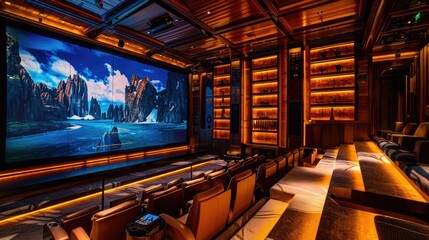 Fototapeta premium A lavish home theater with tiered seating, a massive screen, surround sound system, and ambient lighting for an immersive movie experience.