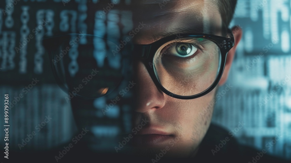 Poster a man with an intense gaze peers through glasses reflecting digital text and graphics. the dark back