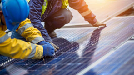 Renewable energy technicians installing solar panels on a rooftop