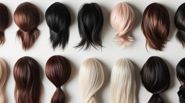 A collection of neatly arranged wigs with ponytails, featuring various colors and styles. The display is organized in a grid pattern, showcasing the wigs' texture and length. The image highlights the