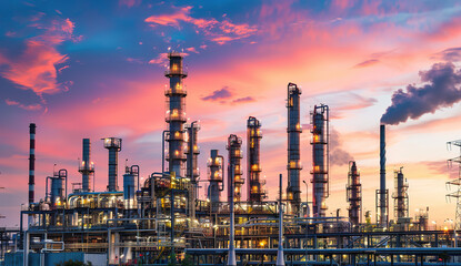 Oil Production Plant with Large Stacks Emitting Black Fumes into the Sky at Dusk, Symbolizing Global Carbon Emissions and Corporate Growth