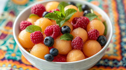 Bowl of fresh cantaloupe, raspberries, and blueberries with mint.