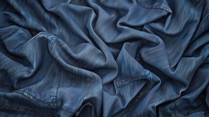 Wrinkled blue denim fabric creating a textured, crumpled surface design. Close-up showcasing the detail and shades of the material.
