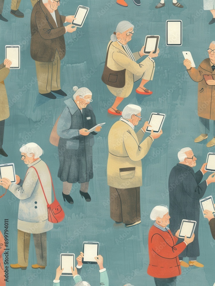 Aufkleber a group of elderly individuals gathers at a community center, eagerly learning to use tablets and ex