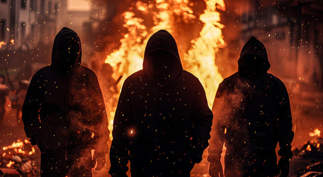 A violent riot or street fight of criminal gangs or extremists, faces in shadows, black clothes and hoods, fire and flames in the background, looting.
