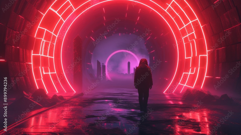 Poster a person walks through a futuristic tunnel illuminated by vibrant red neon lights. the scene feature