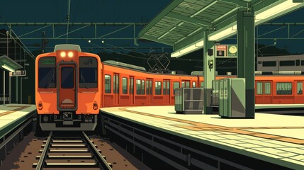 Fototapeta premium A vibrant illustration of a modern train at an urban station at night. The brightly lit platform and the sleek design of the train capture the essence of contemporary city life, making it perfect for