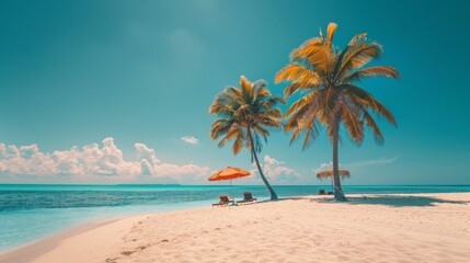 Obraz premium Tropical Haven Midday Beach with Majestic Palms and Shady Parasols