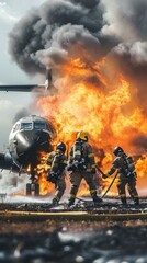 Obraz premium A group of firefighters are putting out a fire on an airplane